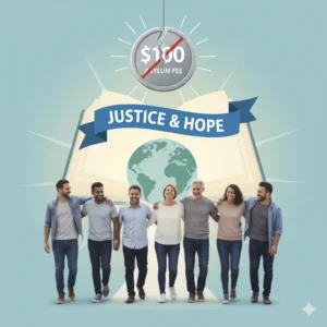 crea una imagen para un post: el titulo es: Qué Sucede con la Tarifa de Asilo de $100: Suspensión Nacional Explicada. no uses texto. es una noticia beneficiosa