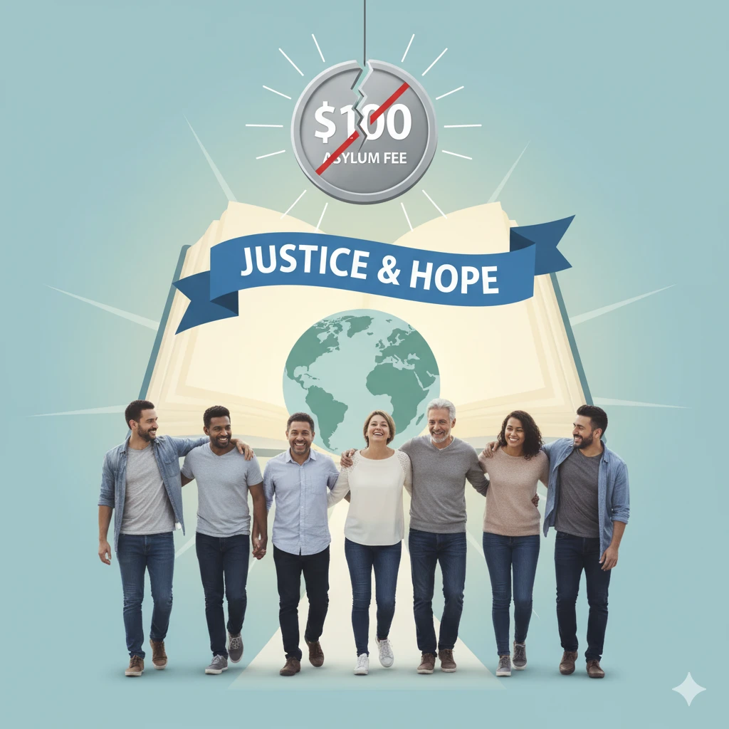 crea una imagen para un post: el titulo es: Qué Sucede con la Tarifa de Asilo de $100: Suspensión Nacional Explicada. no uses texto. es una noticia beneficiosa